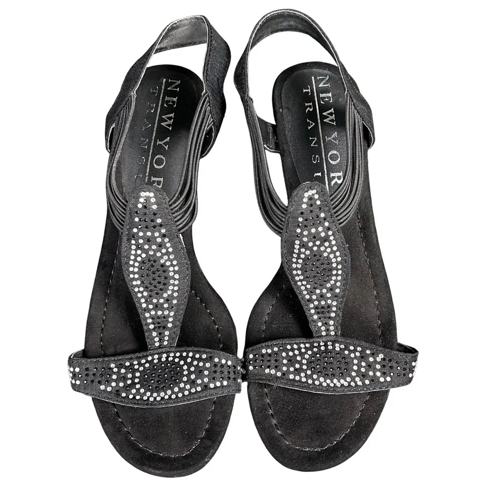 New York Transit Womens Black Rhinestone‎ T-Strap Wedge Sandals Size 5.5M